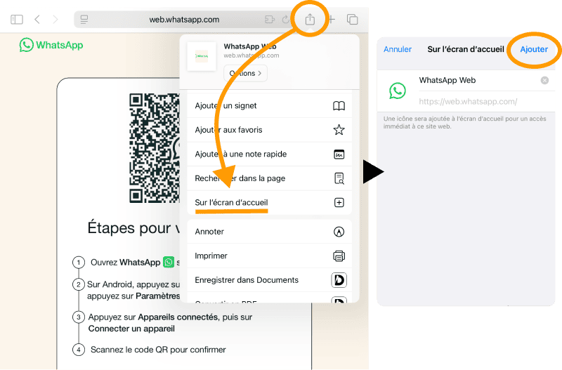 Cliquez sur l'icone Partager et sélectionnez Sur l'écran d'accueil iPad