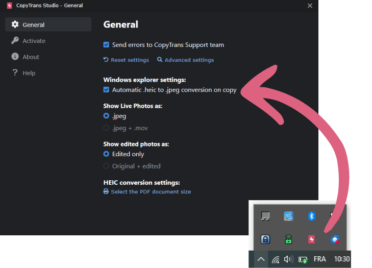 Activer la conversion automatique HEIC en JPEG pour CopyTrans Studio