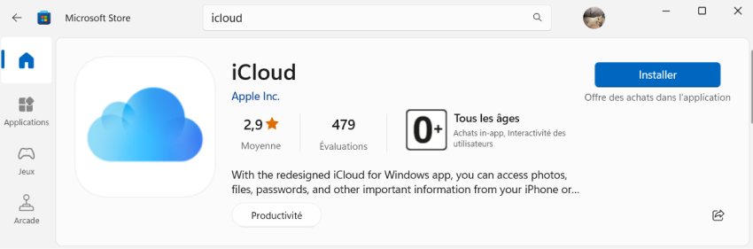 Installer iCloud pour Windows depuis Microsoft Store WIndows 11