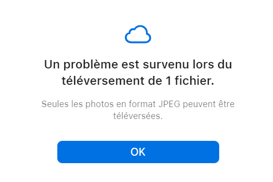 Un problème est survenu lors du téléversement icloud.com