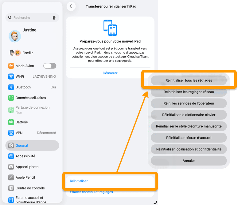 Réinitialiser les régalages iPad iOS 26