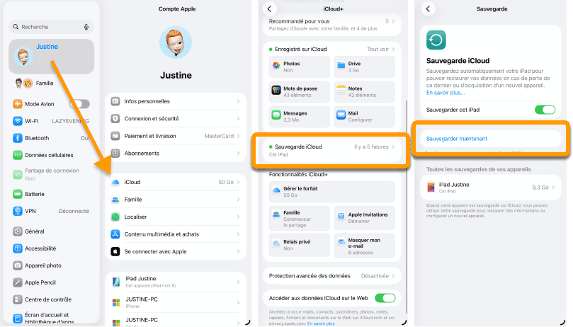 Depuis les réglages effectuez une sauvegarde icloud de l'iâd
