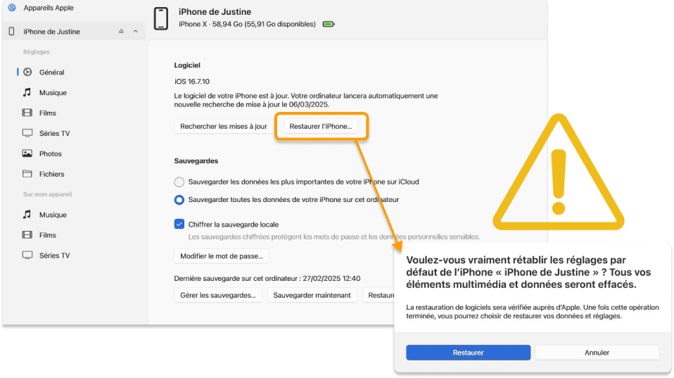 L'option Restaurer iPhone sauvegarde, réinitialise et restaure votre iPhone