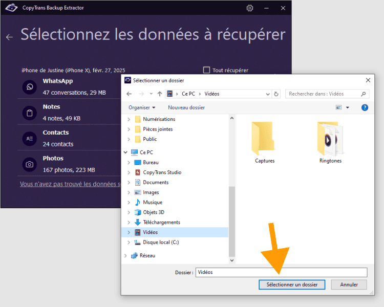 Choisir le dossier de destination pour récupérer les vidéos iPhone