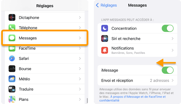 Désactiver iMessages depuis les Réglages