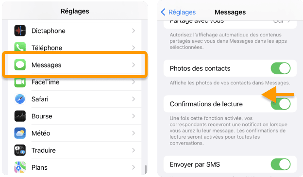 Enlever la confirmation de lecture iPhone depuis les Réglages