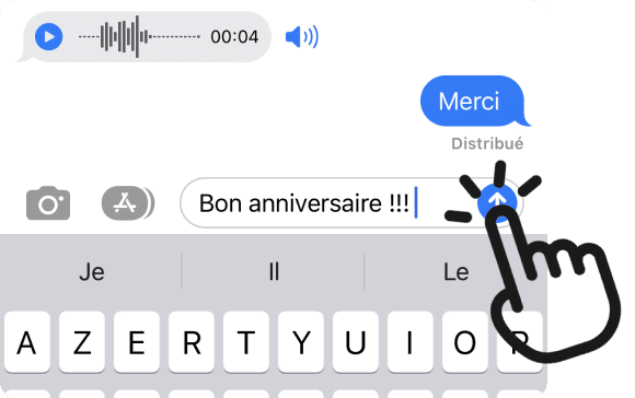 Pour envoyer un iMessage avec effet, maintenir le flèche bleue