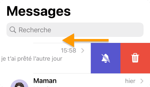 Faites glisser une conversation vers la gauche et touchez la cloche barrée pour la mettre en silencieux