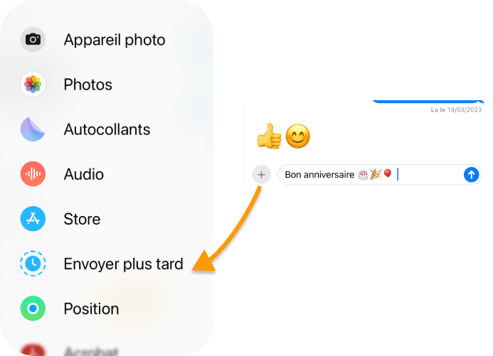 Sélectionnez le signe plus pour envoyer un message plus tard sur iPhone