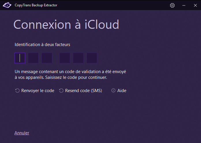 Recevoir le code de l'authentification à deux facteurs par SMS dans CopyTrans Backup Extractor