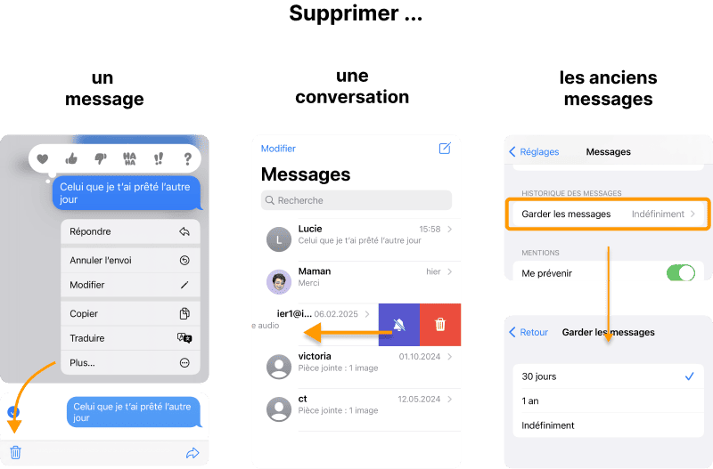 Supprimer un message, une conversation ou tous les anciens messages iPhone