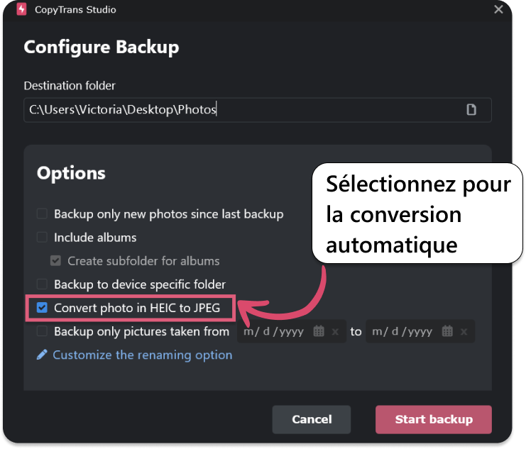 Convertir HEIC en JPEG lors de la sauvegarde de photos vers le PC