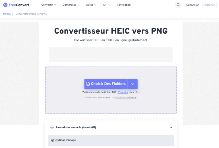 Interface du logiciel pour convertir HEIC en JPG en ligne FreeConvert