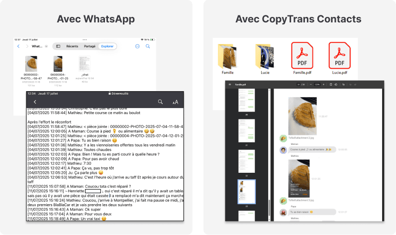 Voici le résultat de l'export de discussion WhatsApp avec l'application et avec CopyTrans Contacts