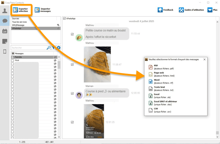 Cliquez sur Exporter sélection pour exporter la conversation WhatsApp