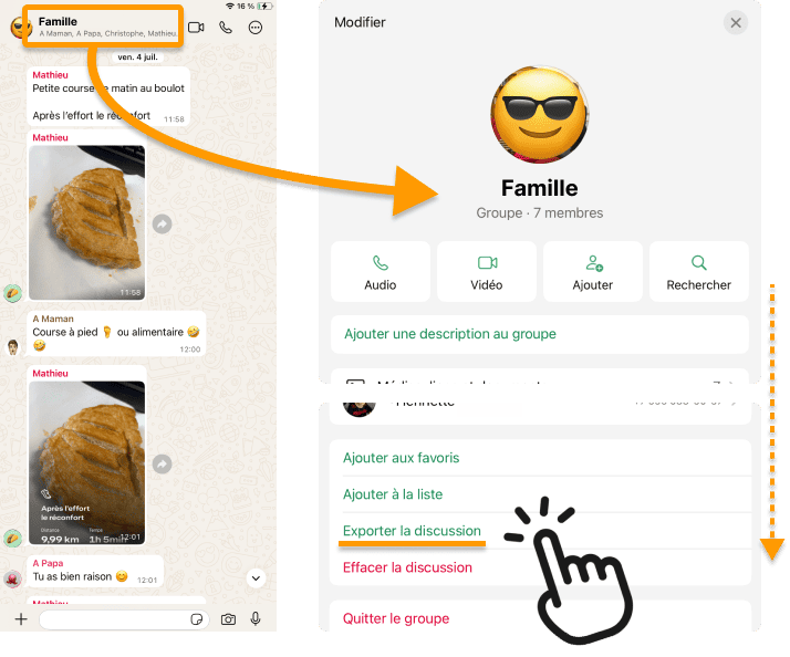 Touchez le nom de la conversation puis exporter la discussion WhatsApp
