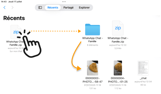 Pour ouvrir un zip sur iPhone ou iPad il suffit de le toucher