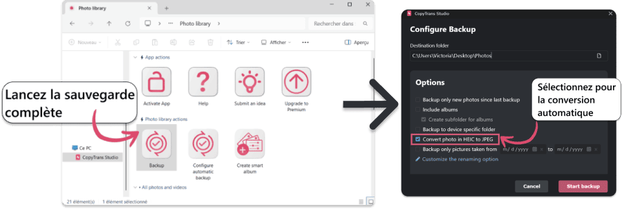 Lancer la sauvegarde et cochez l'option pour une conversion automatique des fichiers HEIC en JPEG