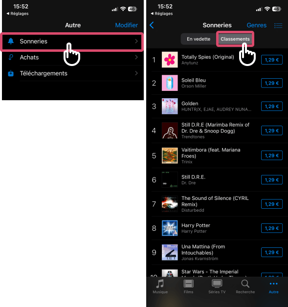 Acheter une sonnerie dans iTunes Store