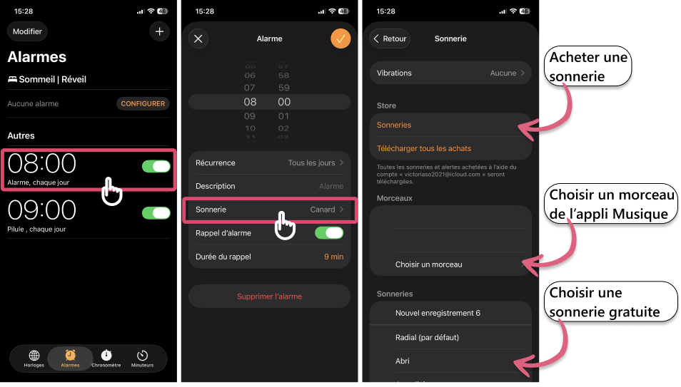 changer la sonnerie du réveil sur l'iPhone