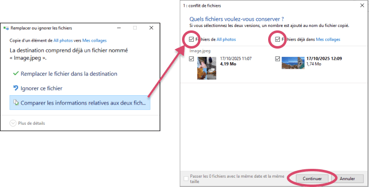 Cliquez sur Comparer les fichiers puis cochez les deux colonnes pour conserver toutes les photos