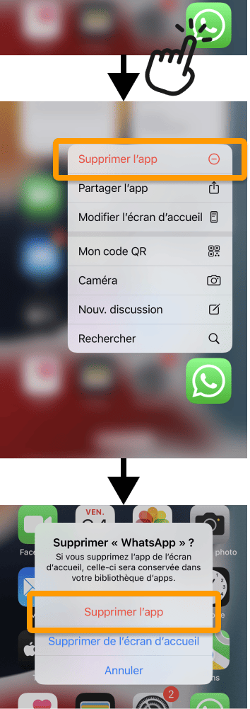 Désinstaller WhatsApp sur iPhone depuis l'écran d'accueil en maintenant l'app enfoncée