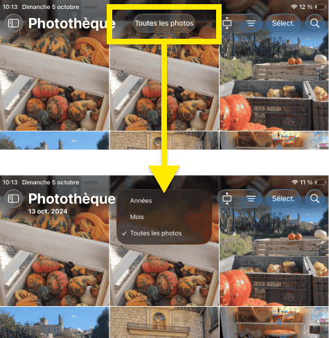 Cliquez sur toutes les photos pour voir le classement par années ou mois sous iOS 26