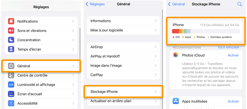 Dans Général puis Stockage de l'iPhone vous pouvez voir la capacité de l'iPhone