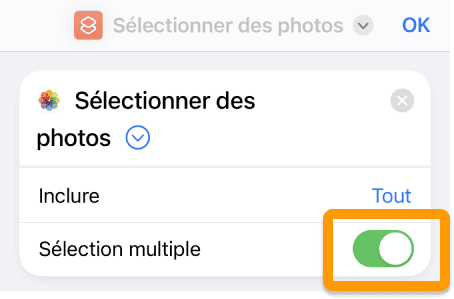 Ajoutez l'action Sélectionner des photos avec Sélection multiple pour un photo collage iPhone