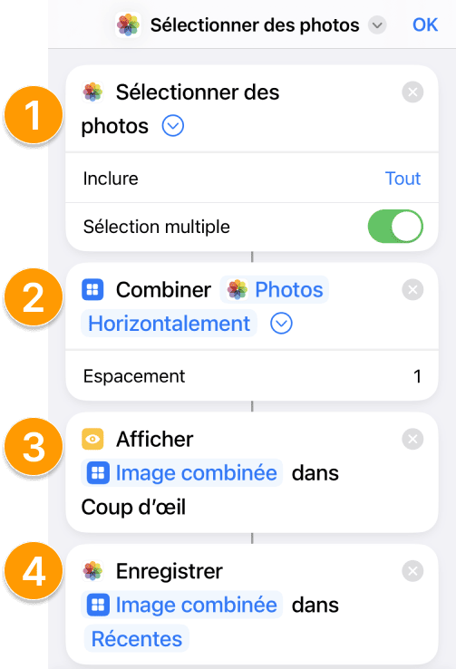 La chaîne d'actions à créer dans Raccourcis pour faire des collages photos iPhone
