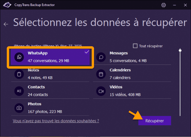 Cliquez sur WhatsApp pour Récupérer les conversations supprimées