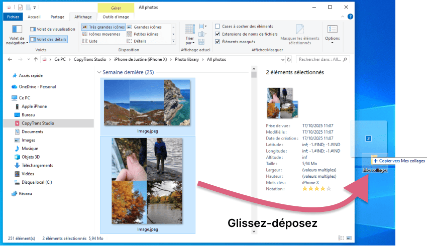 Glissez-déposez vers un dossier pour transférer les collages photos iPhone vers le PC