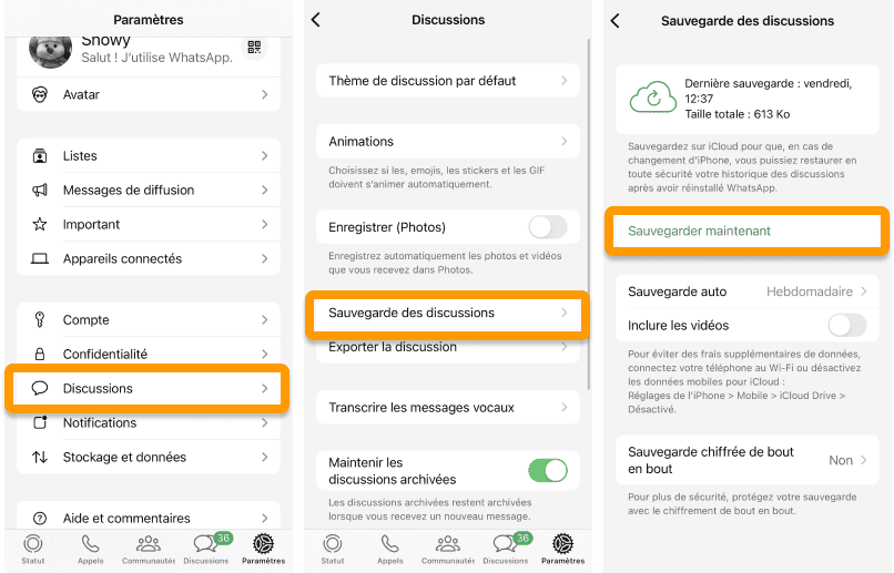 Sélectionnez paramètres, discussions, sauvegarde des discussions et sauvegarder maintenant avant de désinstaller WhatsApp