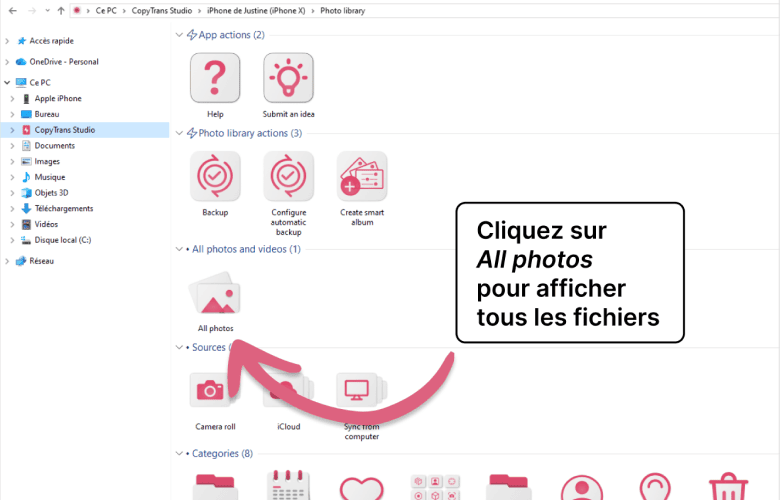 Cliquez sur All photos pour afficher toutes les photos et vidéos dans CopyTrans Studio