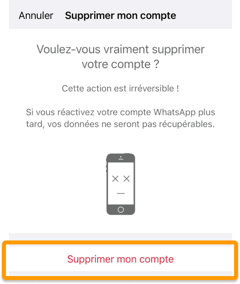 Confirmez la suppression du compte WhatsApp sur iPhone