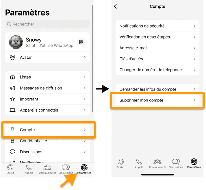 Supprimer son compte WhatsApp depuis les paramètres de l'application