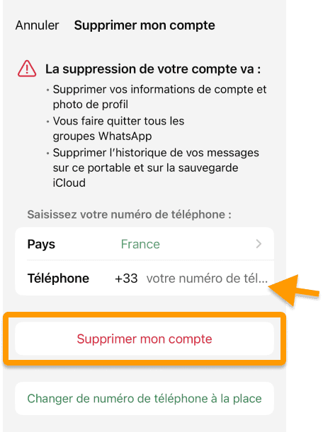 Indiquez votre numéro de téléphone avant de cliquer sur supprimer le compte WhatsApp