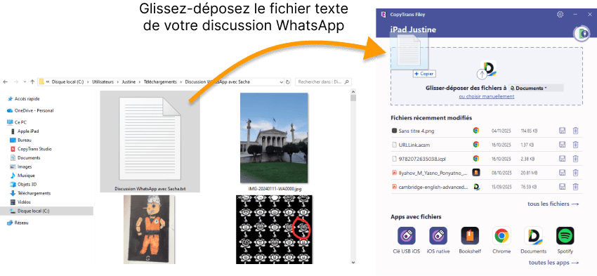 Glisser-déposer les fichiers texte des discussions WhatsApp Android vers iPhone