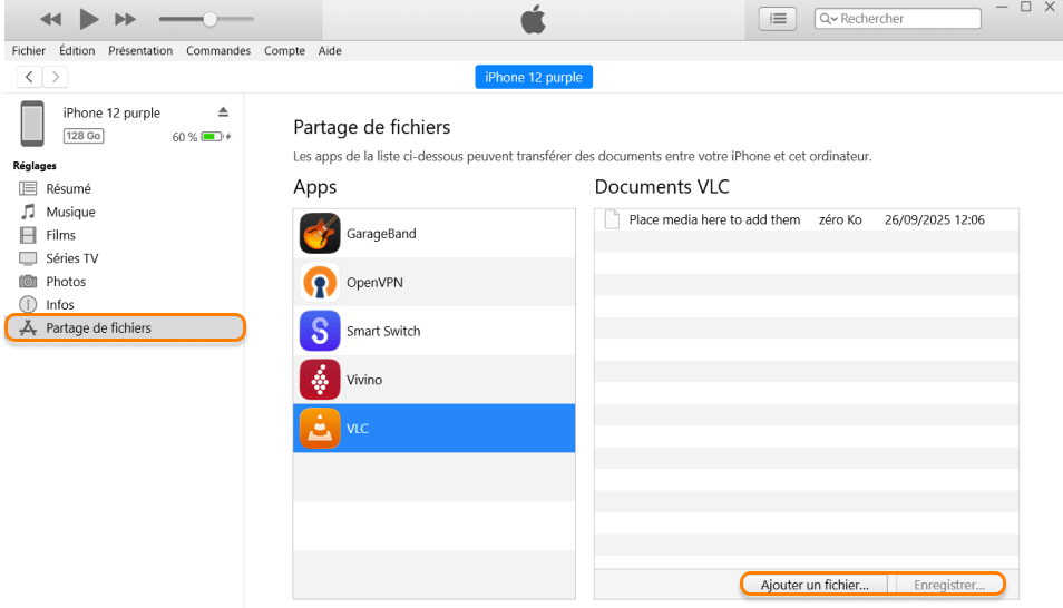 Sélectionnez une appli dans Partage de fichiers iTunes et ajouter ou enregistrer des fichiers