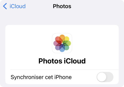 La synchronisation Photos iCloud est désactivée, les photos sont sur l'iPhone