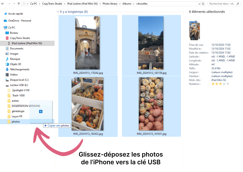 Glissez-déposez pour transférer les photos iPhone sur une clé USB ou disque dur externe