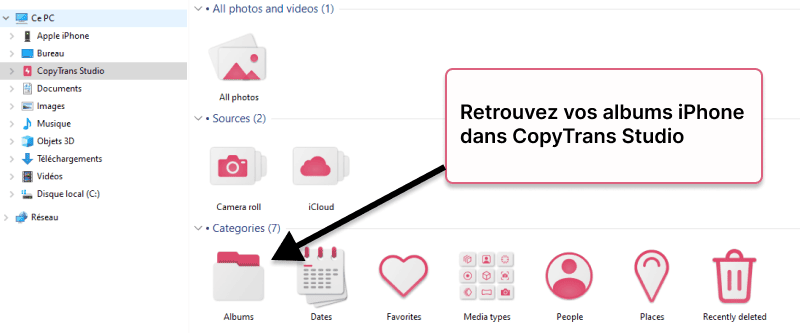 Dans CopyTrans Studio vous pouvez aussi accédez aux albums de votre iPhone ou iPad