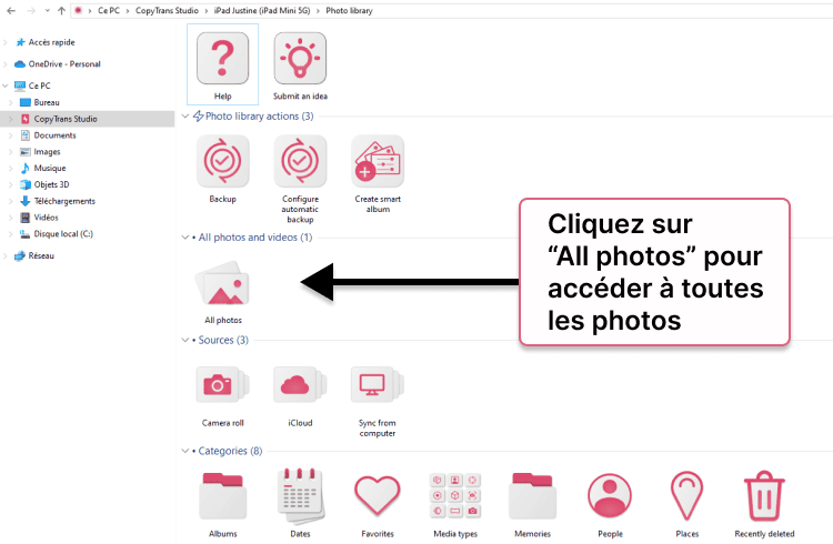 Accéder à toutes les photos de l'iPhone sur le PC dans CopyTrans Studio