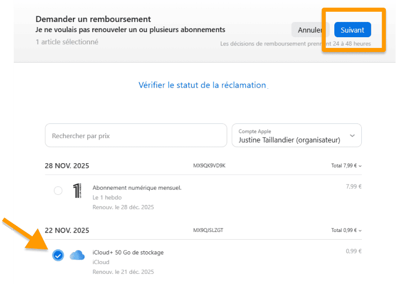 Sélectionnez le paiement icloud le plus récent pour annuler