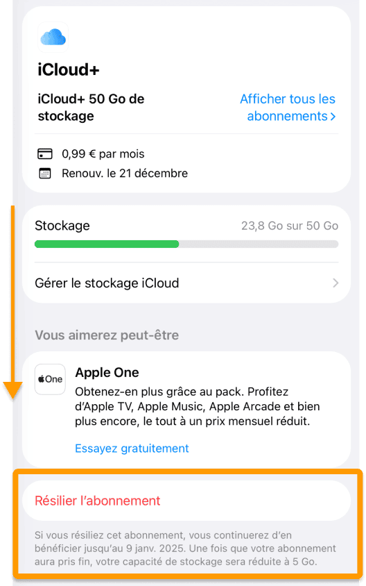 Descendez pour trouver résilier l'abonnment icloud