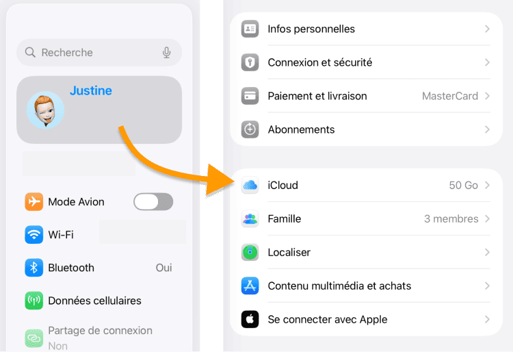 Touchez votre identifiant puis iCloud pour retrouver votre abonnement iCloud