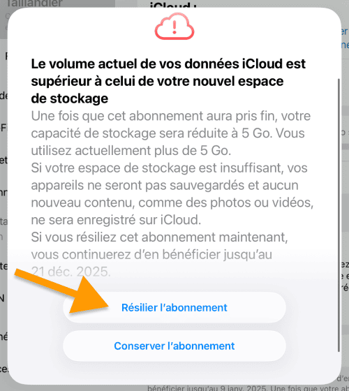 Confirmer la résiliation d'icloud