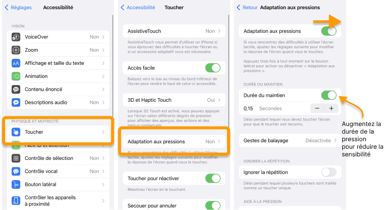 Si vous avez des problèmes d'écran tactile vous pouvez régler la sensibilité aux pressions