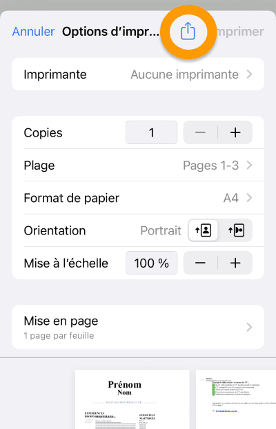 Dans les options d'impression sélectionnez l'icone de partage