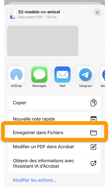 Enregistrer dans Fichiers pour convertir en pdf